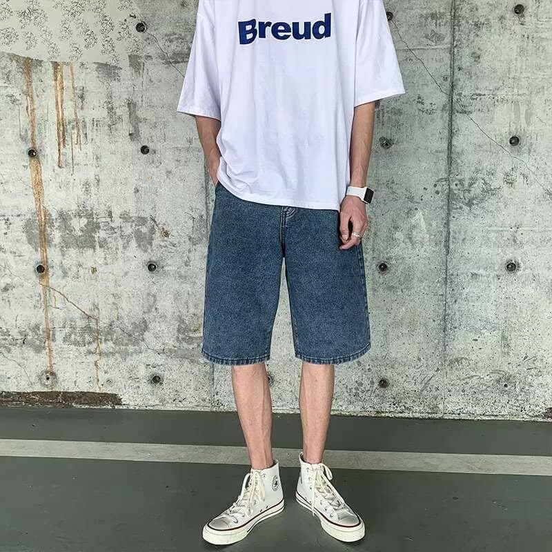 2025 Summer New High-Waist Five-Point Denim Shorts for Men, Loose Wide-Leg Slimming Versatile Fashion Straight-Leg Mid-Length Shorts