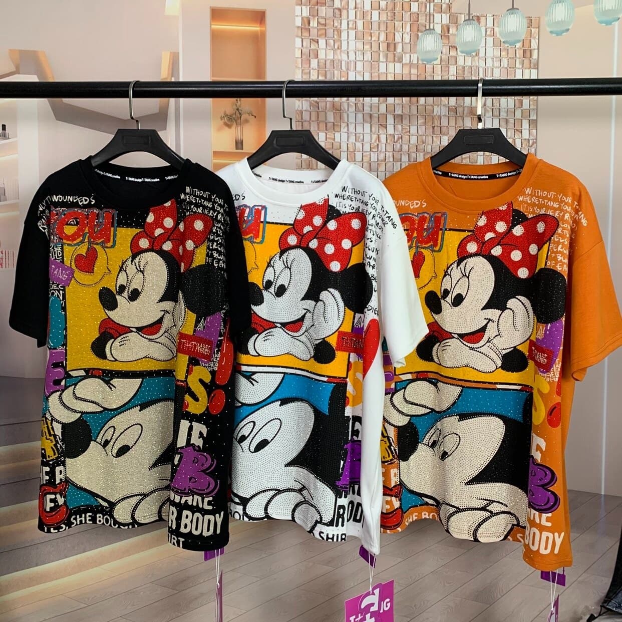 828# 300lb Women's Cartoon Mickey Rhinestone Streetwear Couple Short-Sleeve T-Shirt Pullover Top