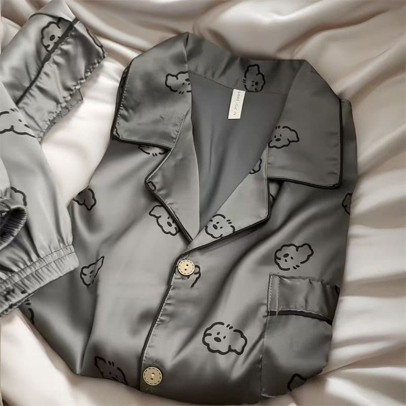 Popular Style Lapel Cartoon Puppy Print Men's Ice Silk Pajamas Casual Short-Sleeve Shorts Cardigan Loose Loungewear