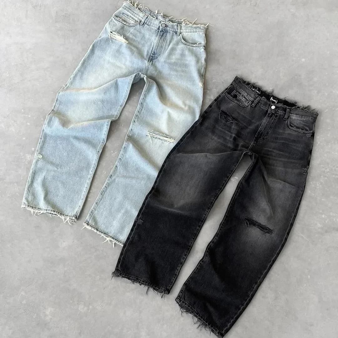 European and American Cross-border Washed Distressed Solid Color Jeans Unisex Street Style Fashion Casual Jeans