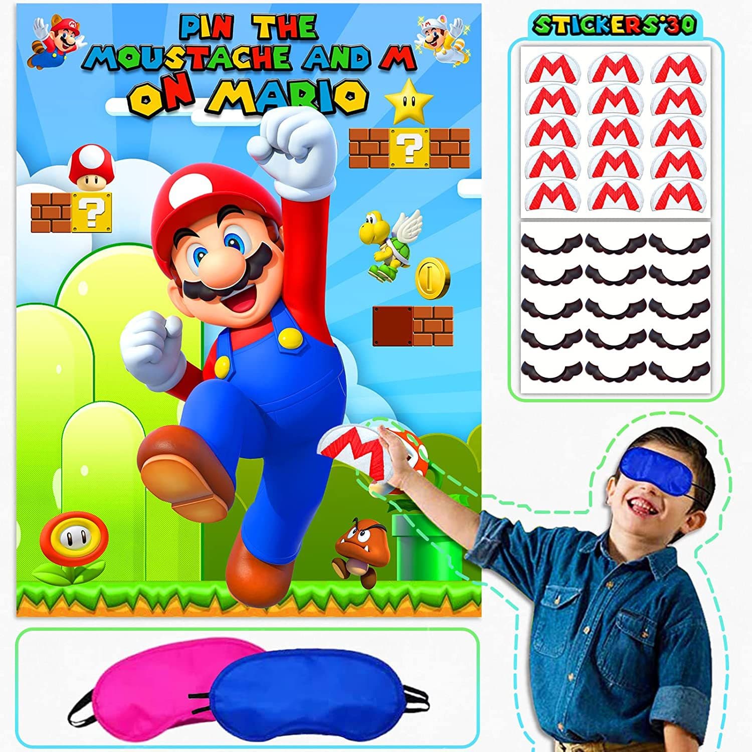 Pin the Tail Game Mario Party Game Poster Stickers Kids Birthday Party Sticking Game