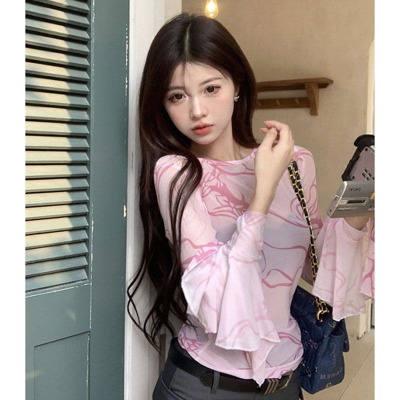 Sexy sweet girl see-through mesh long-sleeved T-shirt for women spring tie-dye design slim fit outer blouse top