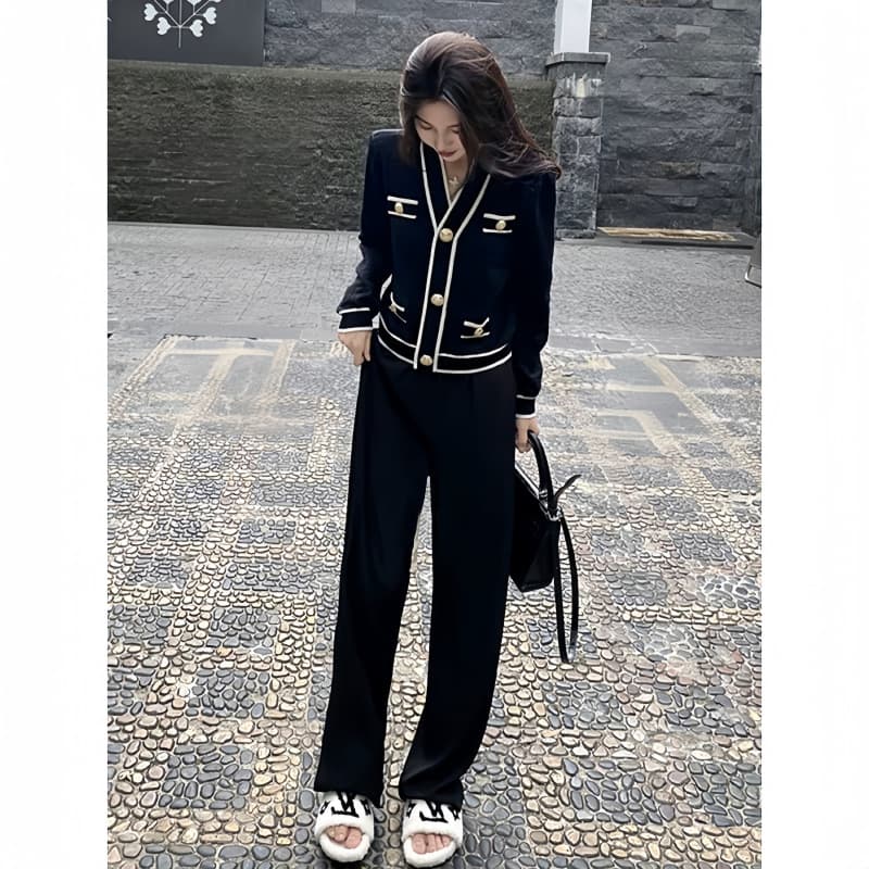 Black Chanel-style Knit Two-Piece Set for Women, Autumn V-Neck Short Jacket with High-Waist Flowing Wide-Leg Pants, Elegant Office Wear