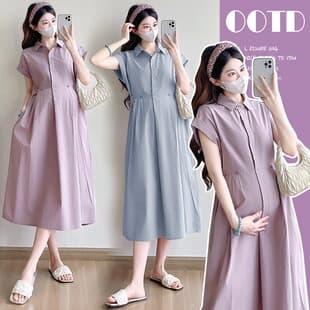 Maternity Summer Dress 2025 New Style French Waist-Cinching Mid-Length Pure Cotton Maternity Dress