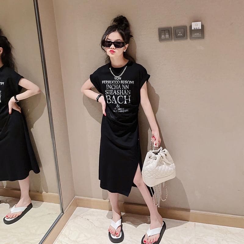 Girls' Baby Korean Western Casual Dress, Summer New Fashion Letter Print Short Sleeve Princess Dress for Middle and Big Kids