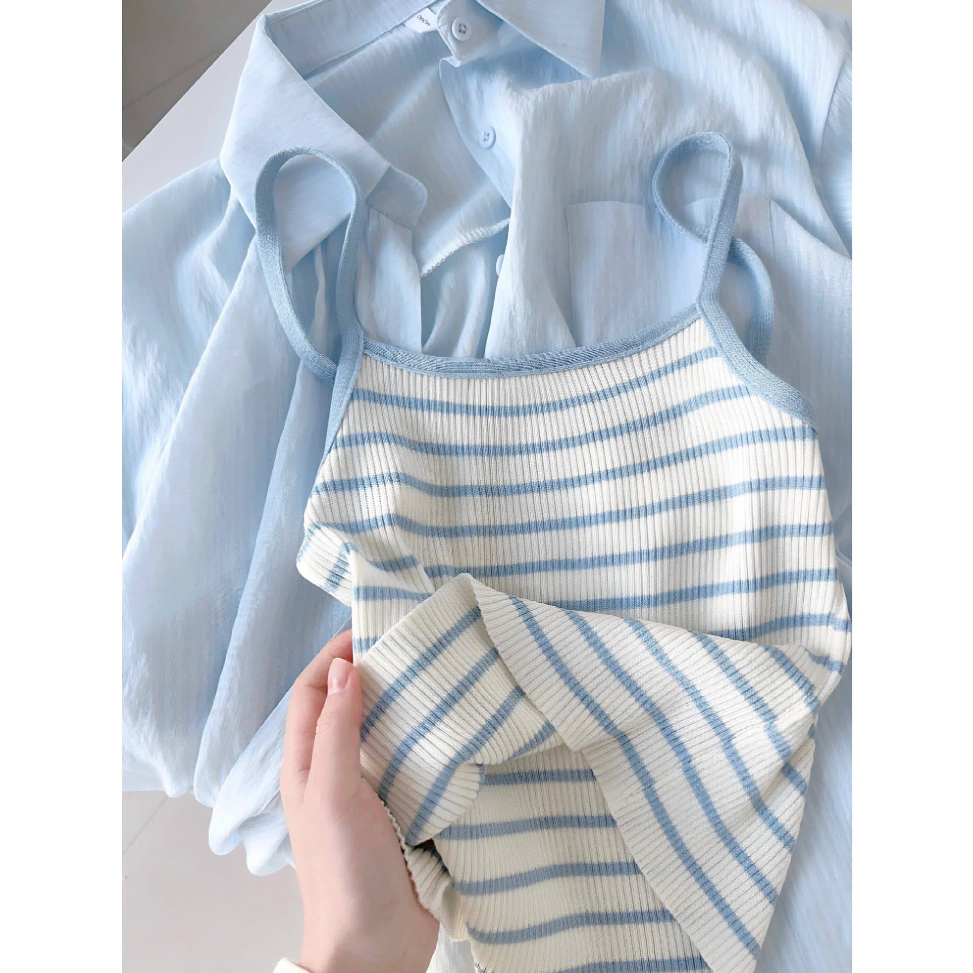 Salty Casual Mature Women's Summer Striped Crop Camisole Vest Breathable Thin Sun Protection Shirt Set