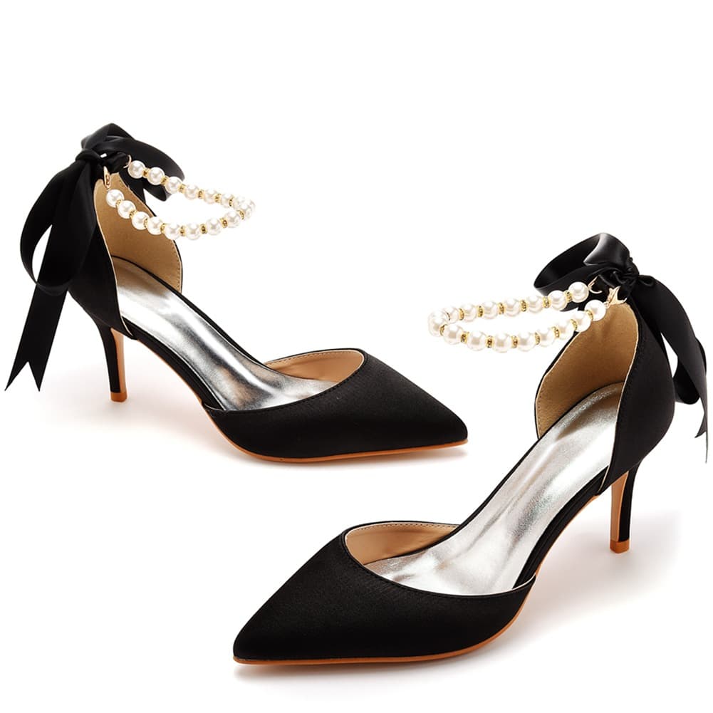 7cm Thin Heel Large Size Sandals Export Banquet Women Shoes Streamer Beaded High Heel Sandals Satin Dress Long Skirt Shoes