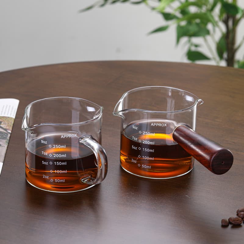 Wooden Handle Double Spout Milk Jug, Glass Coffee Cup, Milk Cup, Walnut Wood Italian Style Glass Measuring Cup