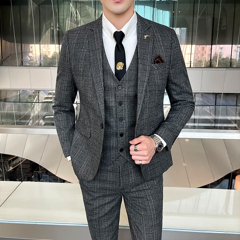 Casual Blazer Men's Jacket Trendy Slim Fit Three-Piece Suit Men's Set British Style Groom Wedding Attire
