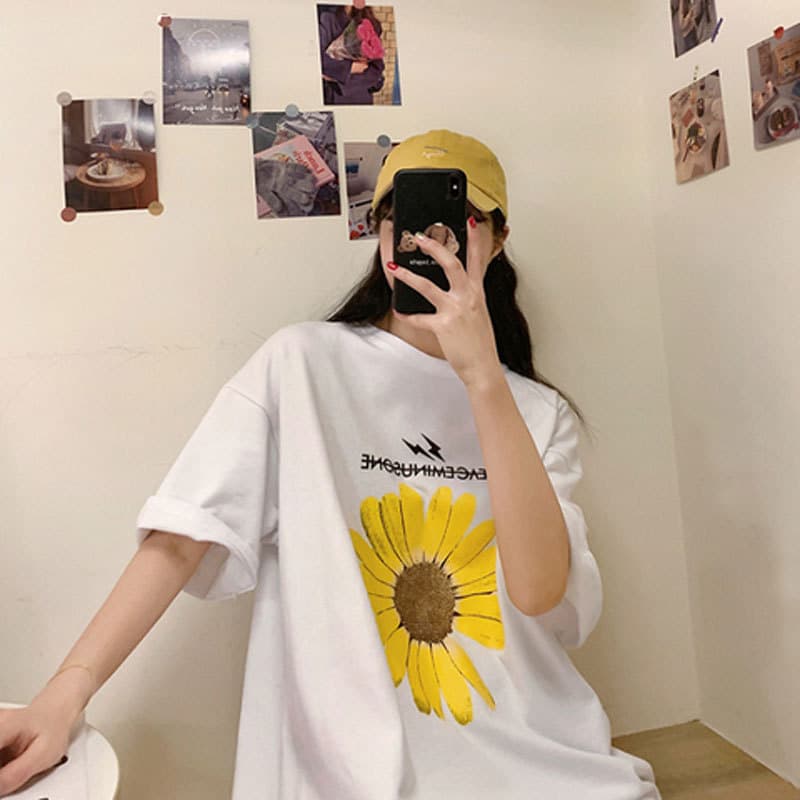 Daisy 2024 Spring/Summer Korean Style New Short Sleeve T-Shirt Women Loose Plus Size Daisy Print Top Ins Women's Fashion