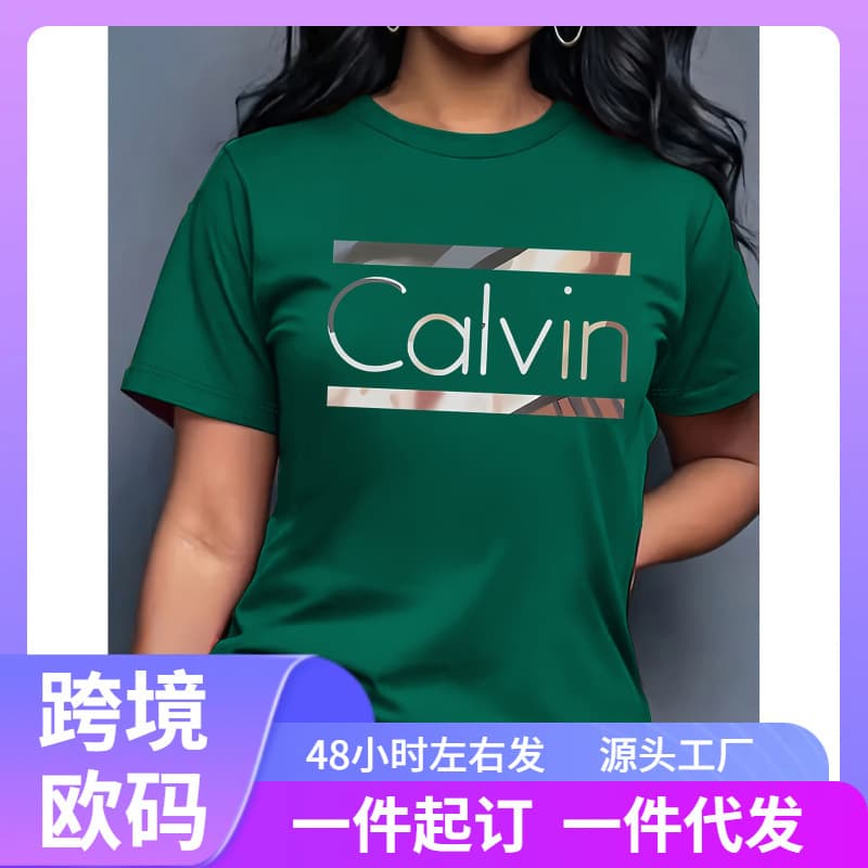 [European Size Cotton t] Women's Summer 100% Cotton Fashionable Casual Gal Letter Pattern Printed Loose Round Neck