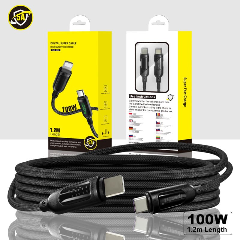 1.2m 100W Digital Display 8-Pin Data Cable 5A Fast Charging Braided Cable for iPhone