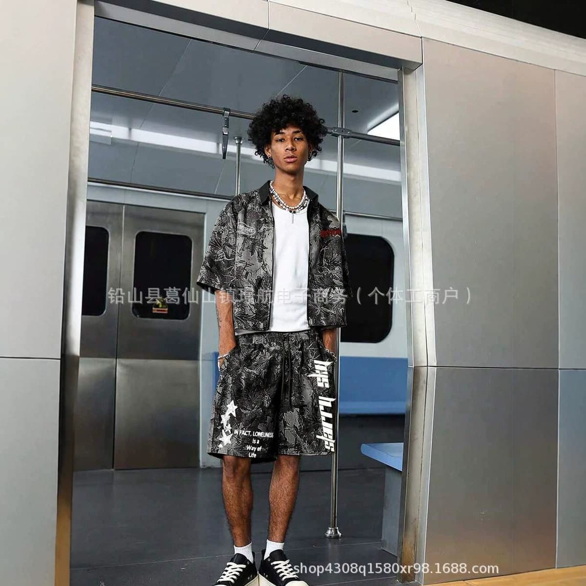 Cross-border European and American Street Dark Full-Print Set: Summer Cardigan Shirt + Printed Casual Shorts Two-Piece Set