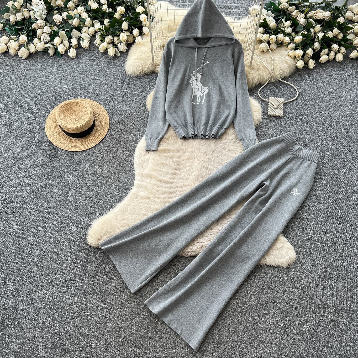 Lazy Style Knit Set for Women 2026 Autumn Loose Casual Hoodie Sweater High Waist Slim Wide Leg Straight Pants