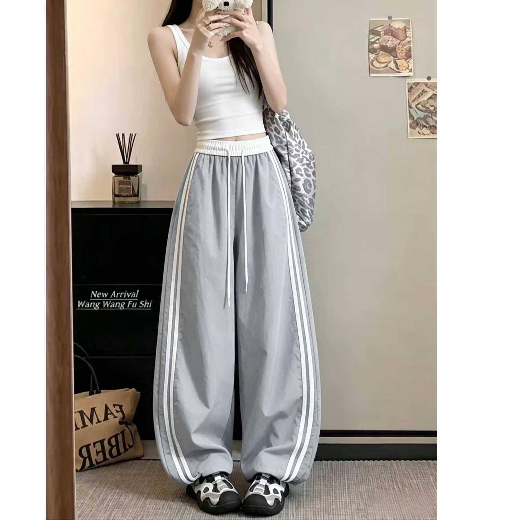 140 summer contrast striped quick-dry scimitar pants for short people 155 loose, slim and versatile casual wide-leg trousers