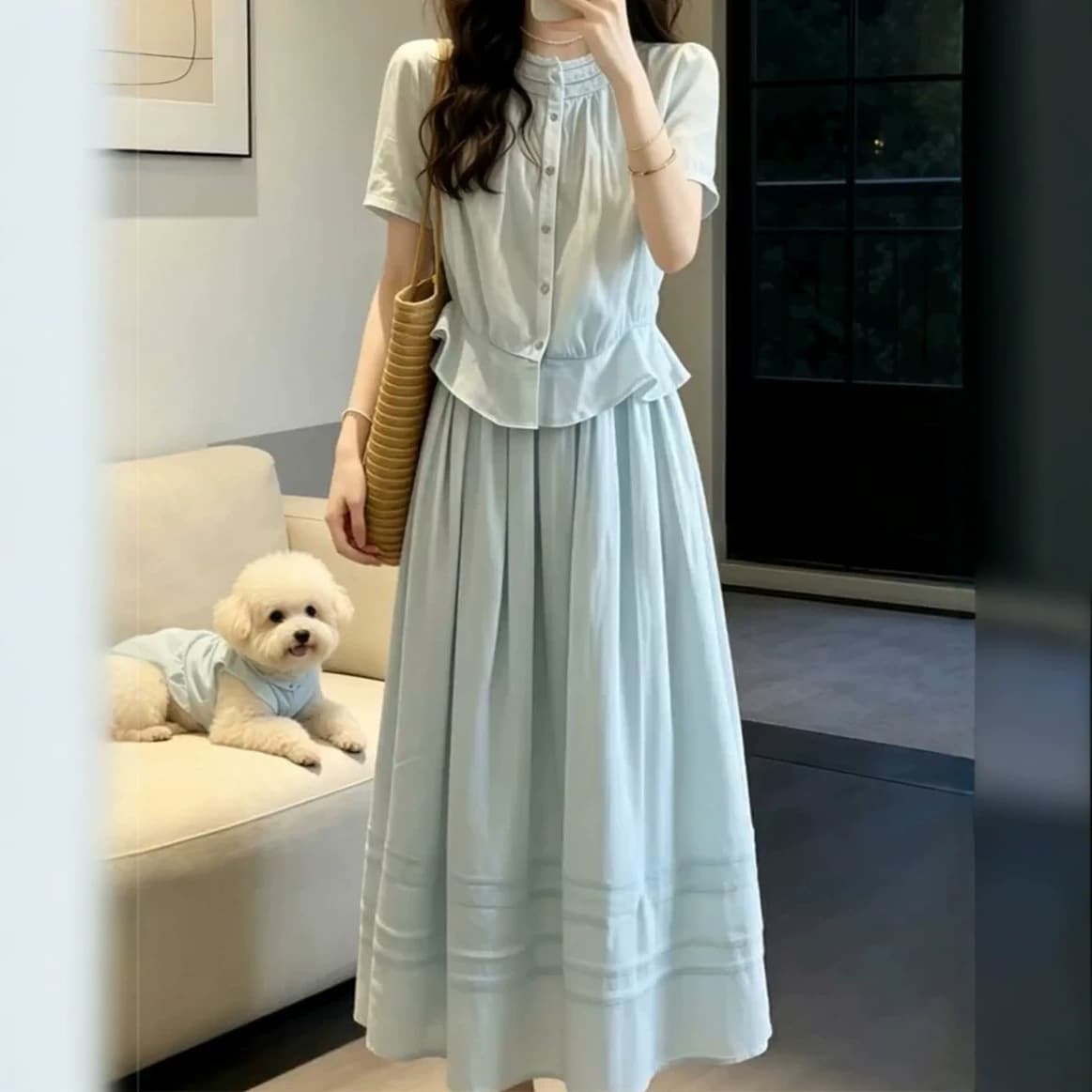 Stunning OOTD Complete Outfit 2026 New Blue Short Sleeve Dress Women Summer Long Dress Two-Piece Set
