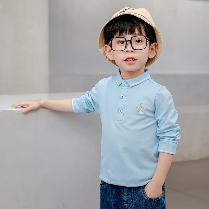 Children's long-sleeved polo shirt for boys, new spring and autumn style, collared T-shirt for medium and large children, 97% cotton, children's T-shirt with pique knit.