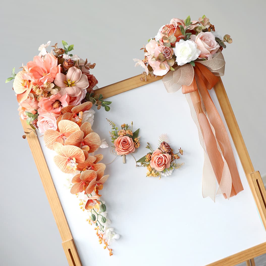 Outdoor wedding bridal teardrop bouquet with artificial flowers, wedding corsages, wrist corsages, and hand corsages for bridesmaids and best friends.