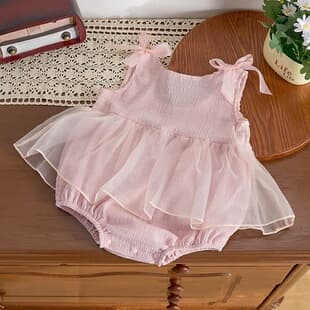 Summer Baby Bodysuit Girl Mesh Tulle Princess Romper Newborn Baby Sweet Bow Tie Strap Outing Wear