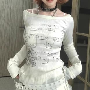 Y2K Korean Style Casual Round Neck Long Sleeve Music Note Print Top for Women