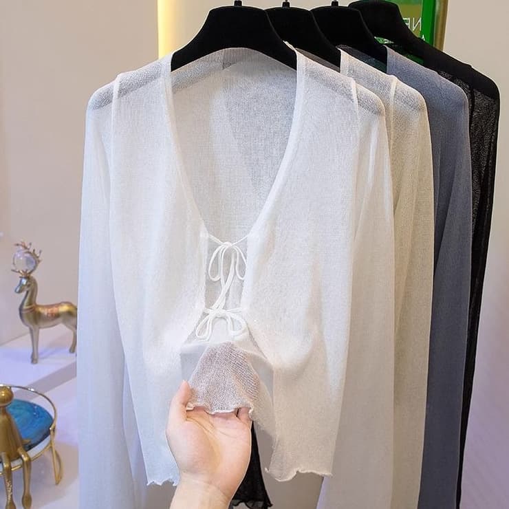 Ice Silk Knitted Sun Protection Cardigan with Small Suspender Skirt, Lace-Up Shawl, Air-Conditioned Shirt, French Gentle Blouse for Summer