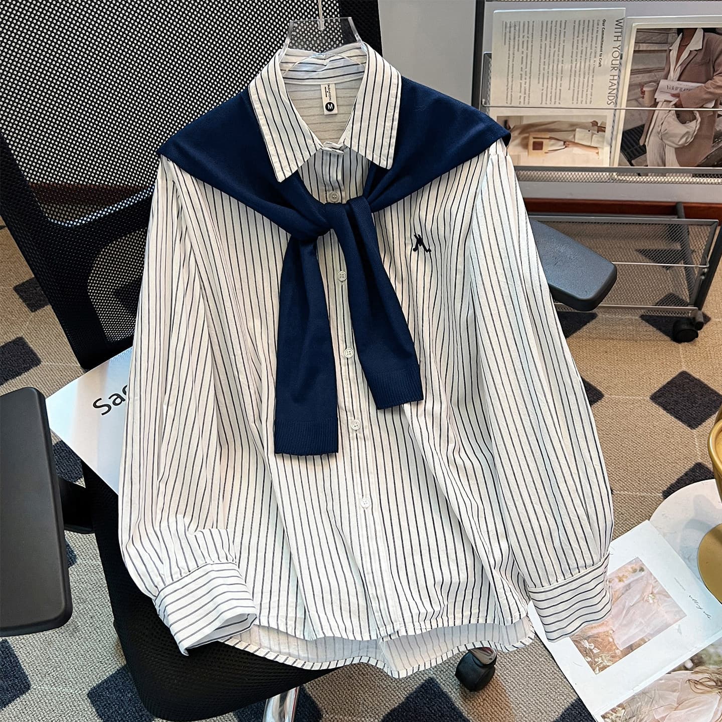 Striped Long-Sleeve Shirt Jacket with Knit Shawl for Women 2026 Early Spring New Unique Stylish Top