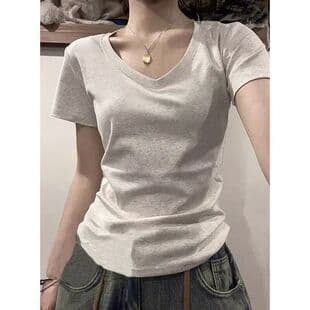 American V-Neck Square Shoulder Solid Color Short Sleeve T-Shirt for Women 2026 Summer New Basic Inner Short Crop Top