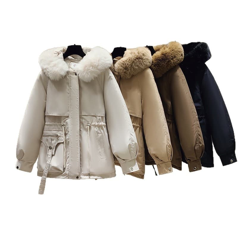 Women's Mid-Length Winter Loose Fit Korean Style Padded Coat with Fleece Lining, Thickened Cotton Jacket with Fur Lining, Outerwear