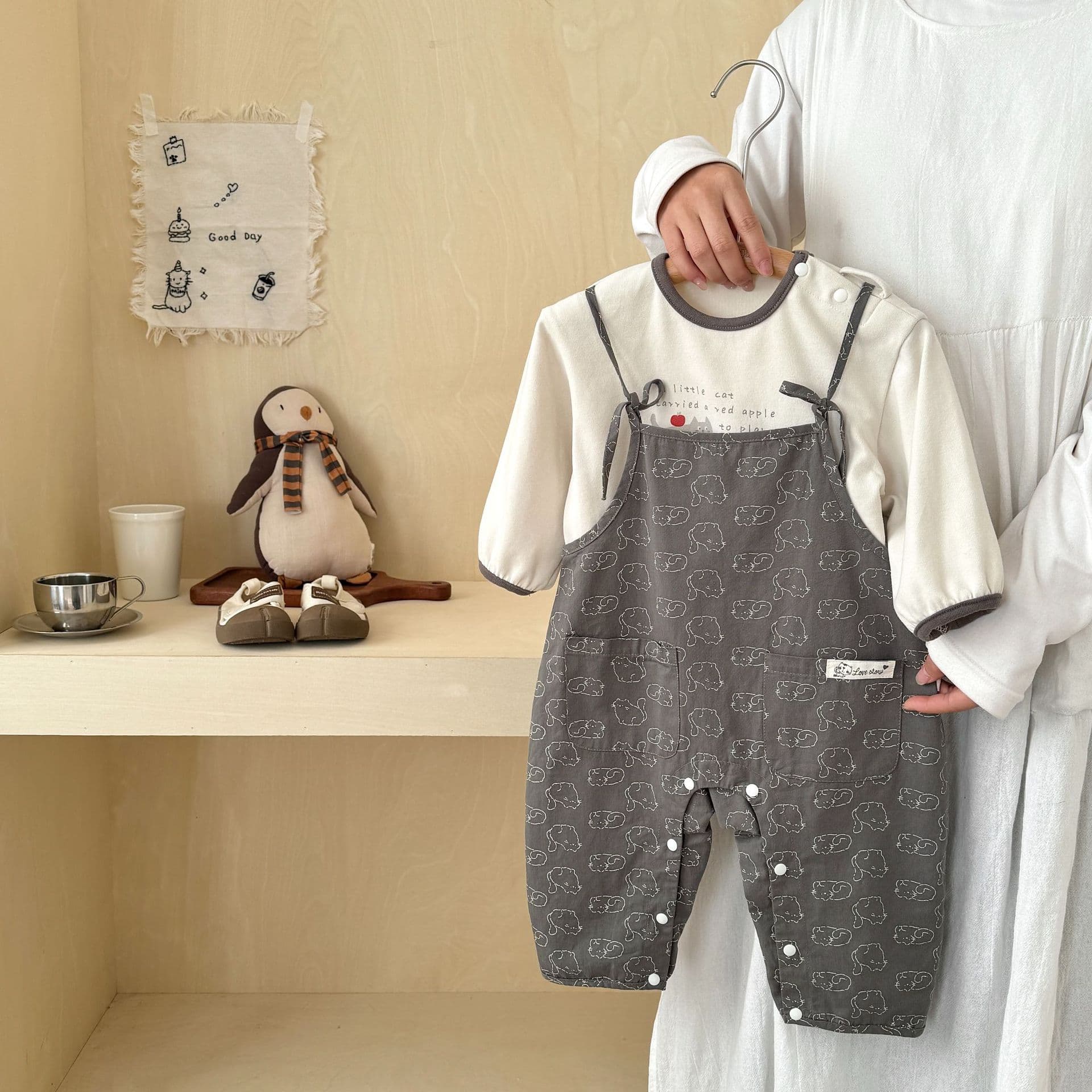 Korean Style Baby Two-Piece Strap Bodysuit Autumn Boys Bear Long-Sleeve Romper Newborn Outdoor Crawling Clothes