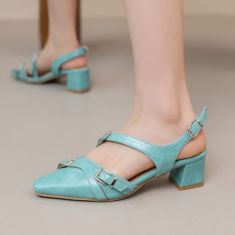 30-50 Size Foreign Trade Cross-Border Spring and Summer Women's Single-Layer Shoes Belt Buckle Closed Toe Hollow Chunky Heel Sandals H432
