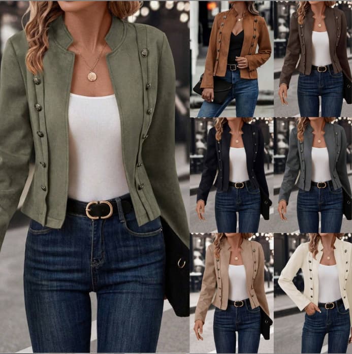 2025 European and American Cross-Border Solid Color Double-Breasted Decorative Jacket New Suede Retro Long-Sleeve Jacket In Stock