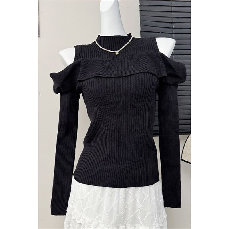 French Pure Desire Style Off-Shoulder Long Sleeve Knitted Sweater Women Spring 2025 New Style Chic Youthful Slimming Base Layer Top