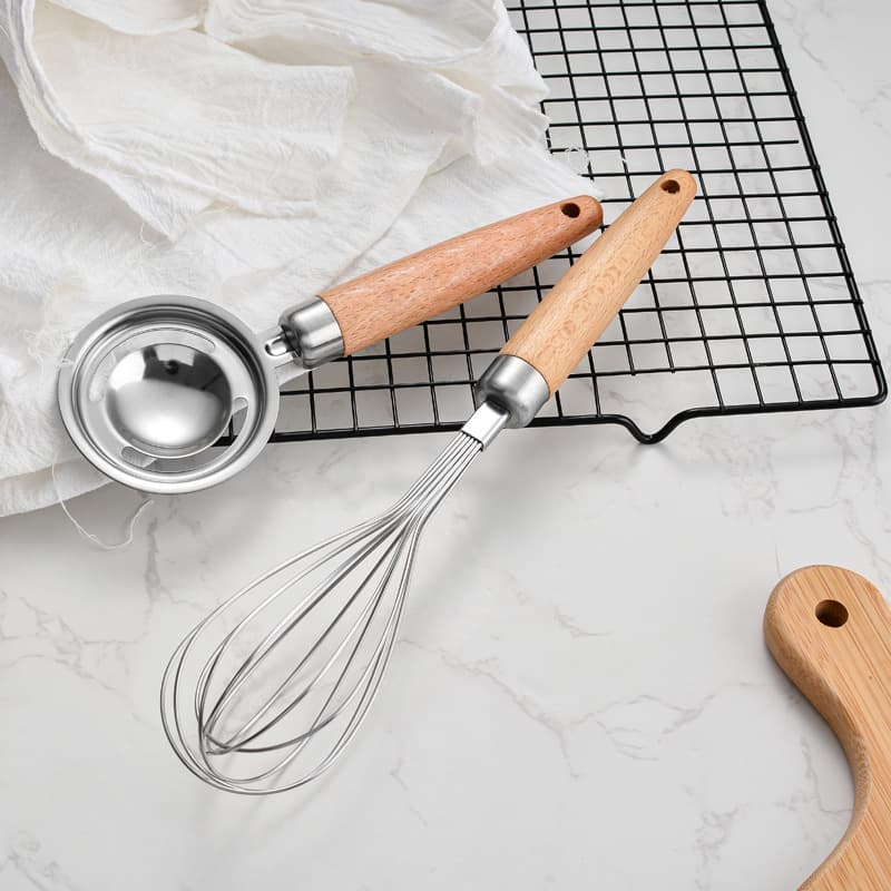 Wooden Handle Egg Beater Flour Mixing Stick Cream Whisk Household Stainless Steel Egg Separator Strainer