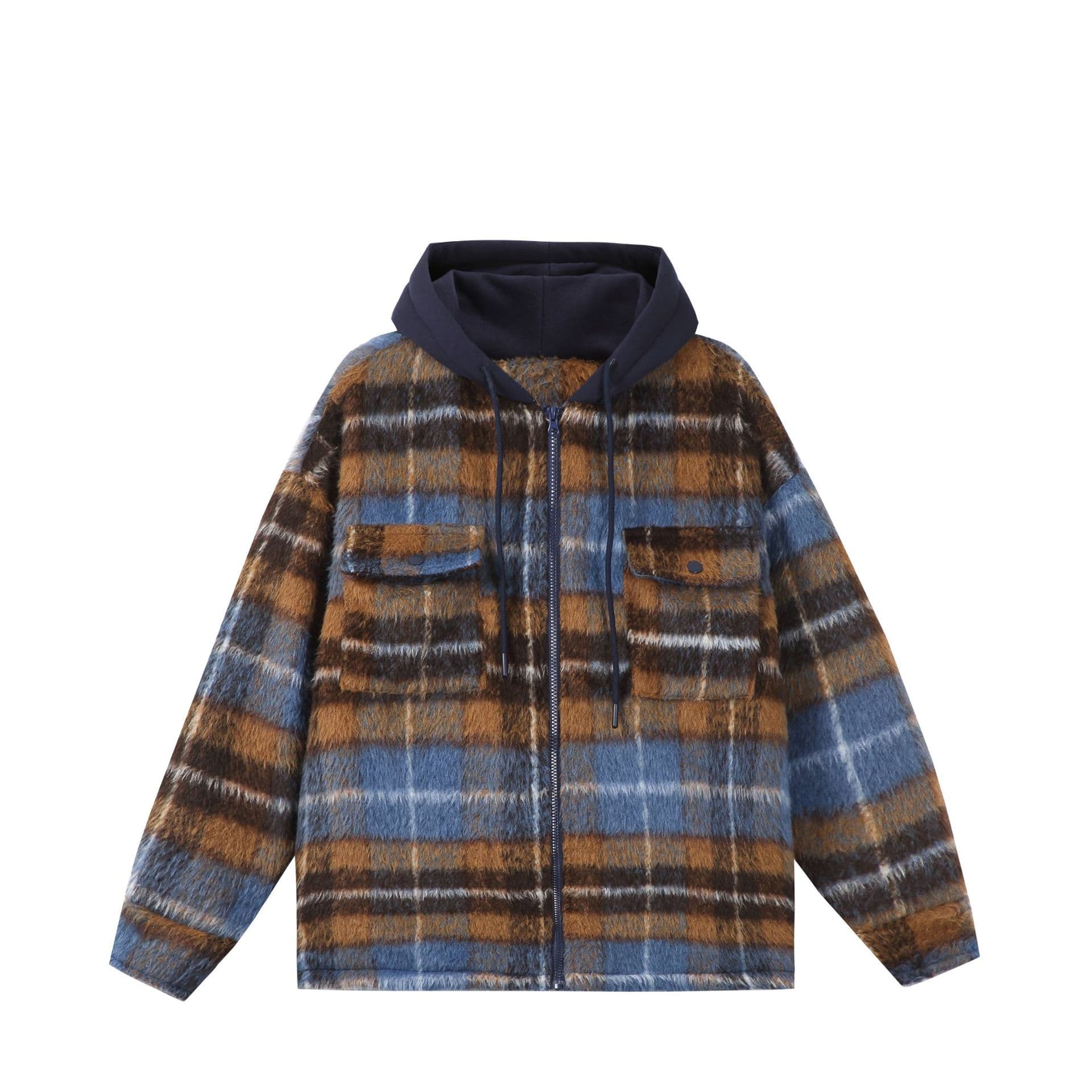 Catalog 2025 Winter New American Retro Plaid Wool Blend Thick Casual Warm Hooded Cotton Coat