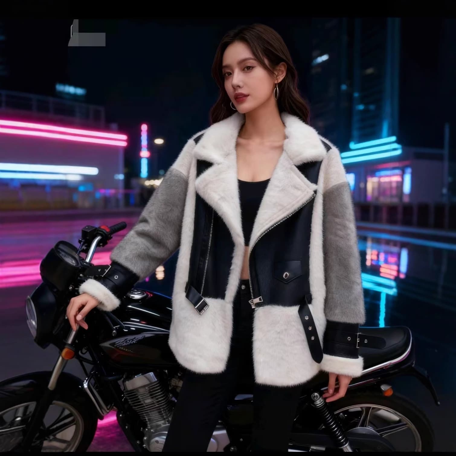 Premium New Winter Fur-Lined Motorcycle Jacket Short Coat with Contrast Color European Mink Velvet Fashion Outerwear