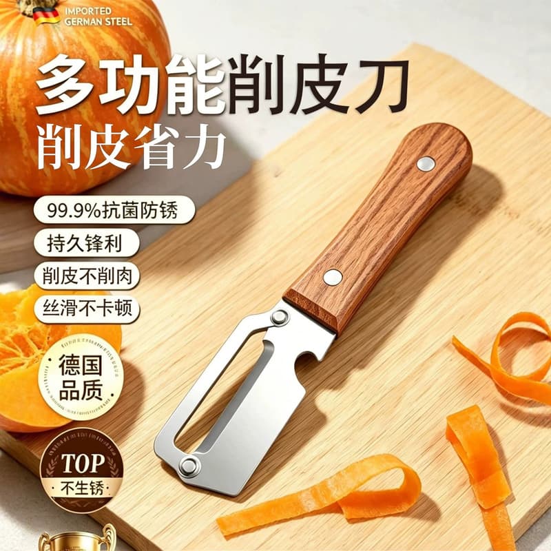Multifunctional paring knife with wooden handle, new stainless steel sugar cane peeling knife, kitchen peeling knife for pumpkin lettuce peeling