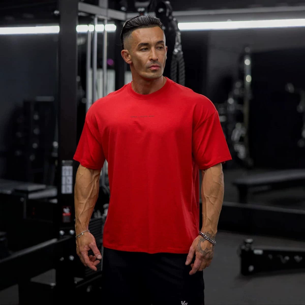 YOUNGLA American New Men's Oversized T-Shirt Muscle Workout Cotton Crew Neck Loose Training Short Sleeve