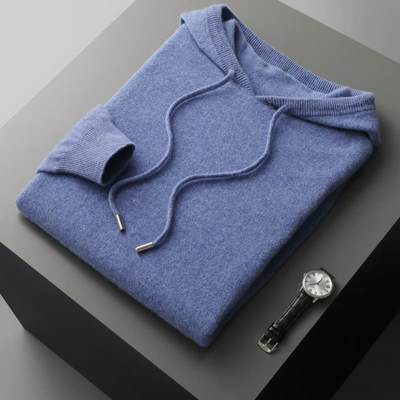 New Autumn/Winter 100% Wool Seamless Men's Pullover Hooded Sweater Solid Color Knit Wool Hoodie