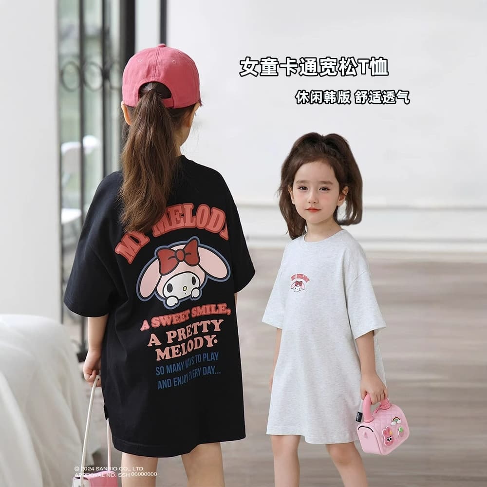 Cotton Girls' Round Neck Short Sleeve Midi Printed T-Shirt Dress, New Summer, Casual Loose Fit for Girls
