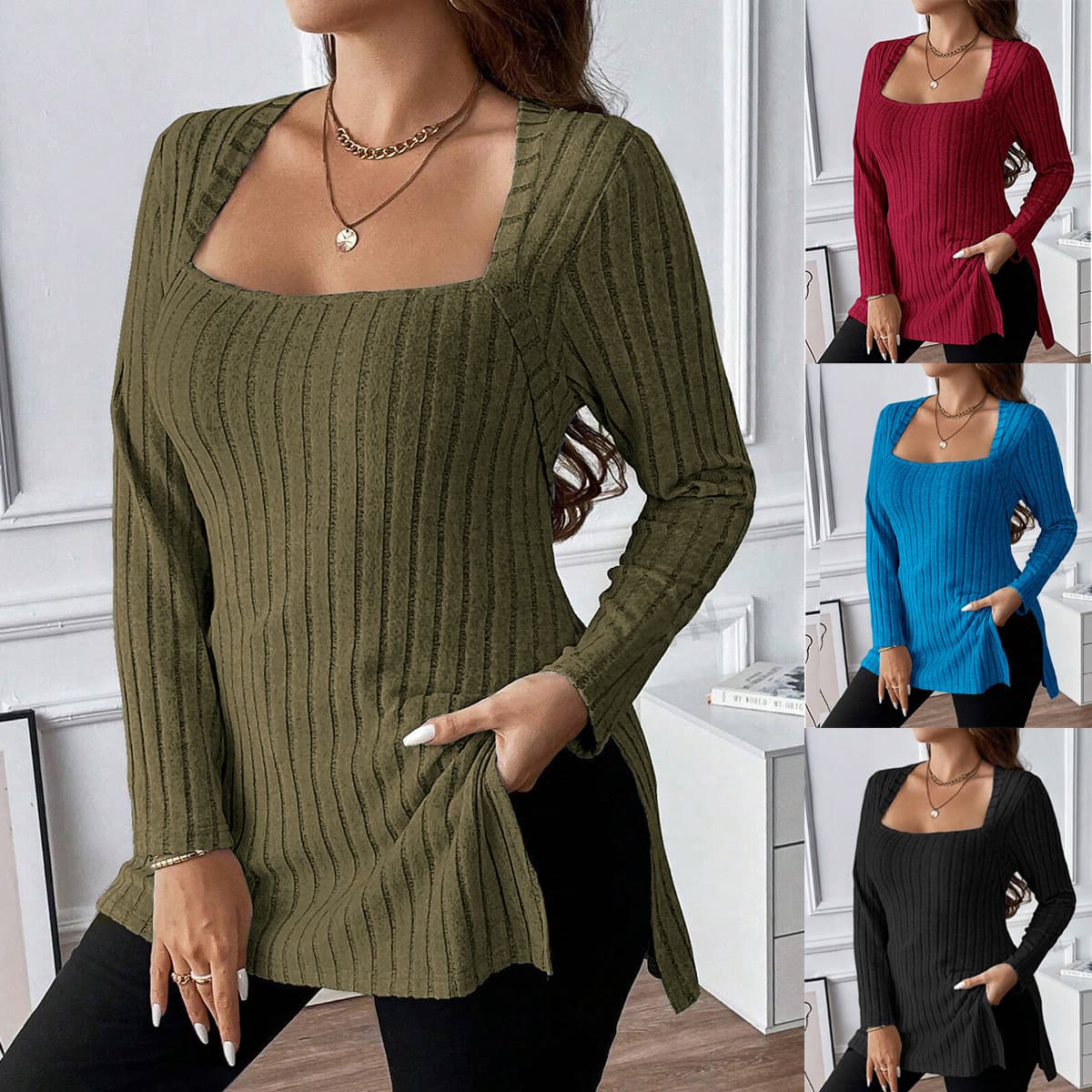 2025 Autumn/Winter Amazon European/American New Plus Size Women's Wear Solid Color Ribbed Brushed Square Neck Long Sleeve Mid-Length Top