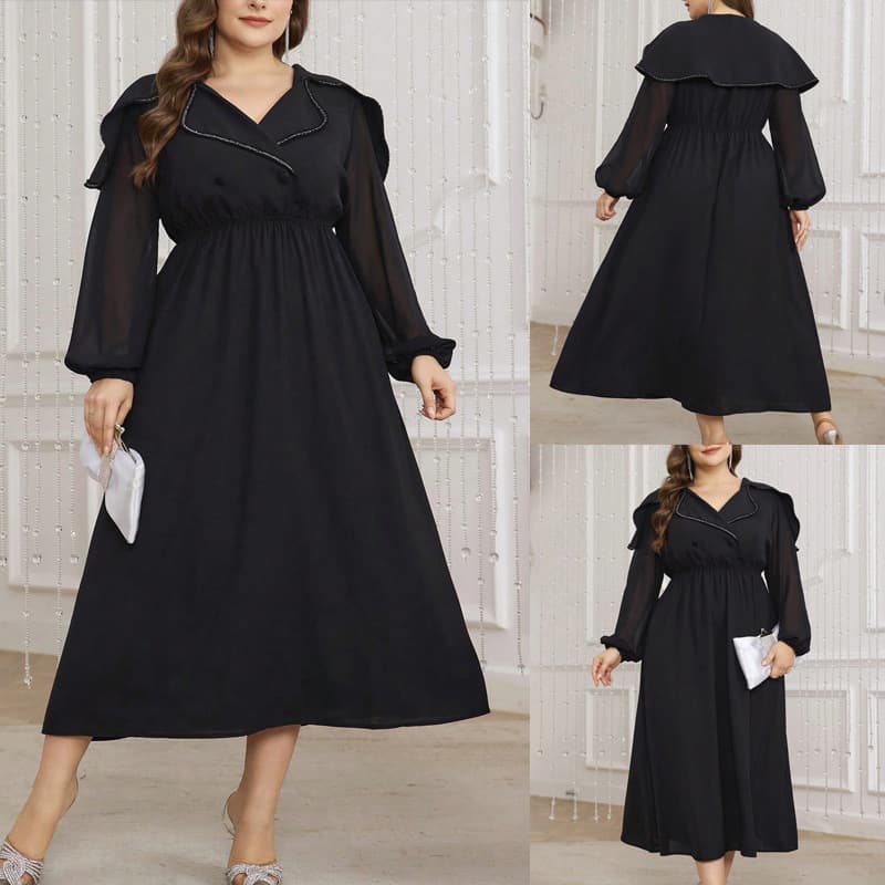 Spot cross-border large size V-neck spliced dress with waist and belly-covering temperament double-breasted lantern sleeves long black dress
