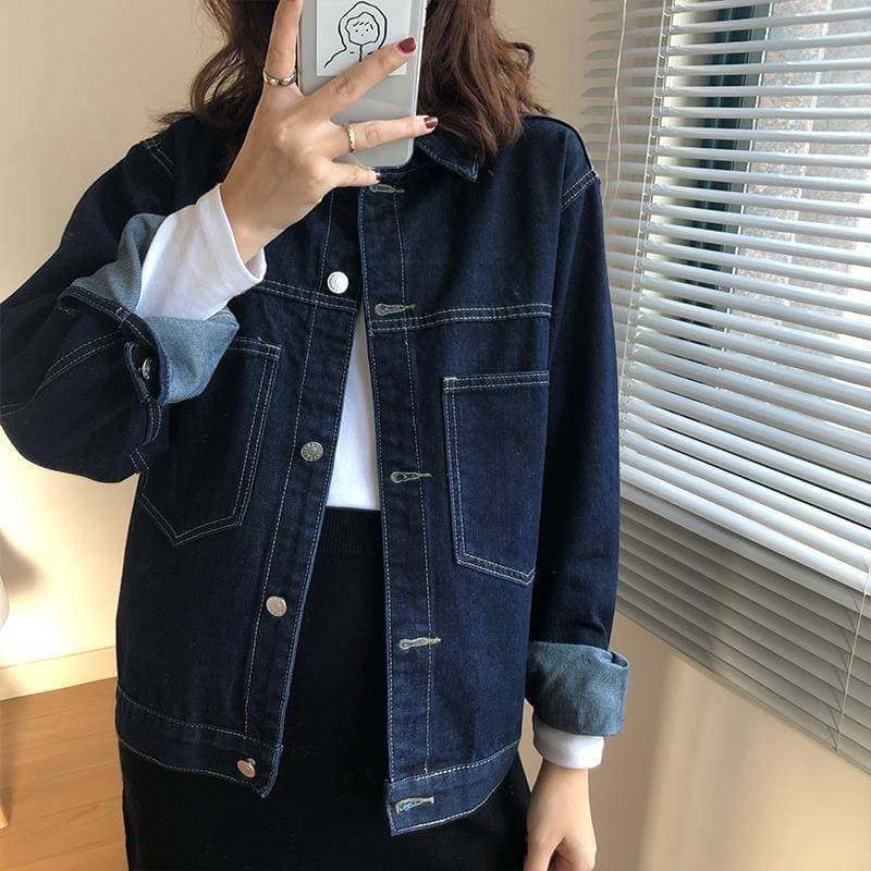 Plus Size Loose Denim Jacket for Women Spring Korean Retro Boyfriend Style Long Sleeve Dark Blue Short Coat Top