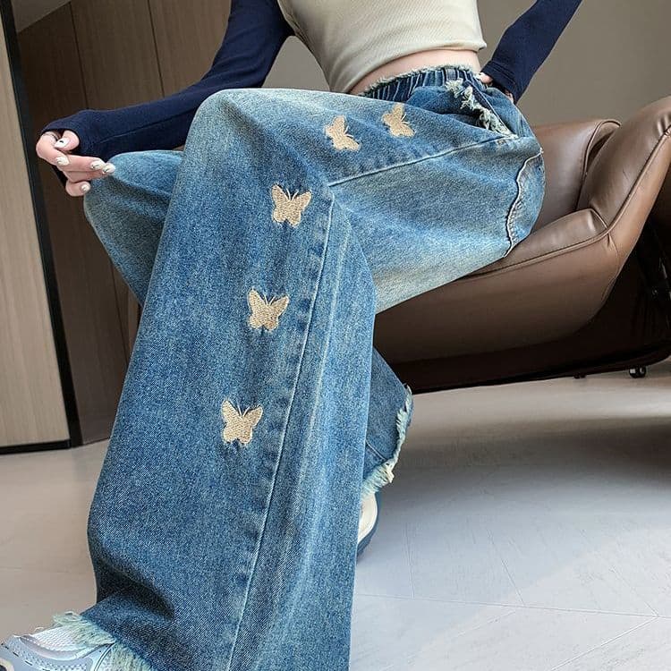 2025 Spring Women's Plus Size Wide Leg Straight Leg Jeans with Elastic Waist, Loose Fit, Embroidered Design, Floor-Length, Slimming