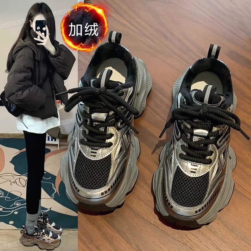 Women's Dad Shoes 2026 New Popular Model Autumn and Winter Fleece-Lined Black Shoes Versatile Thick-Soled Height-Increasing Casual Sneakers