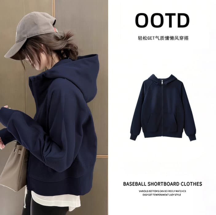 Navy Hooded Sweatshirt Jacket for Women Spring Autumn Thick Jacket 2026 New Short Hoodie Top Korean Style Cardigan