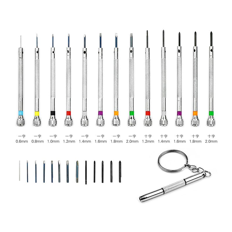 Watch repair tool set: 0.6-2.0mm flathead and Phillips screwdrivers + 13mm spare head + mini screwdriver