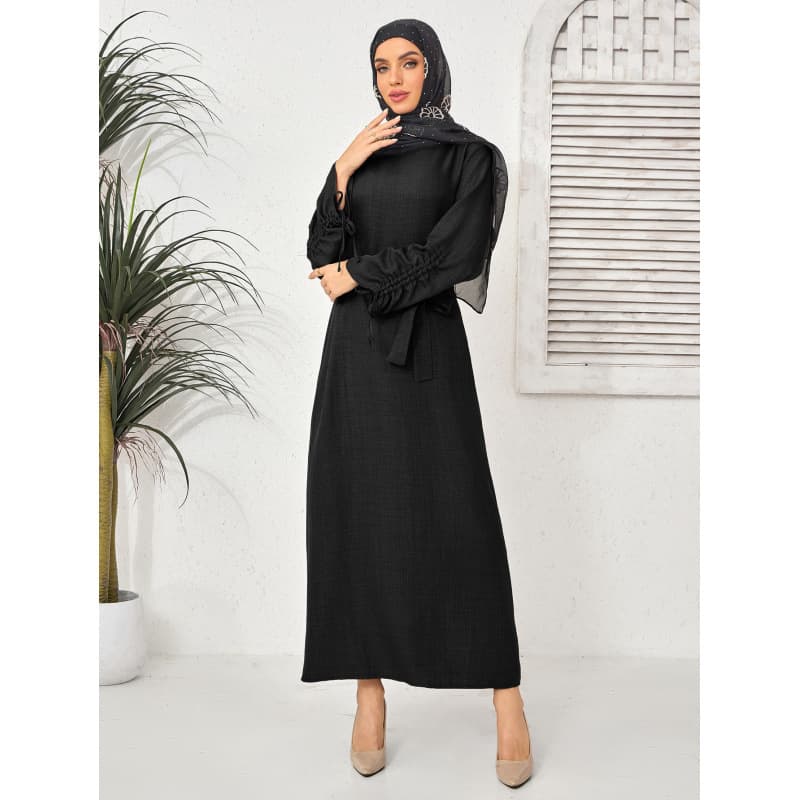 Europe and America Hot Selling Solid Color Lantern Sleeve Drawstring Long Dress Elegant Abayas Dress