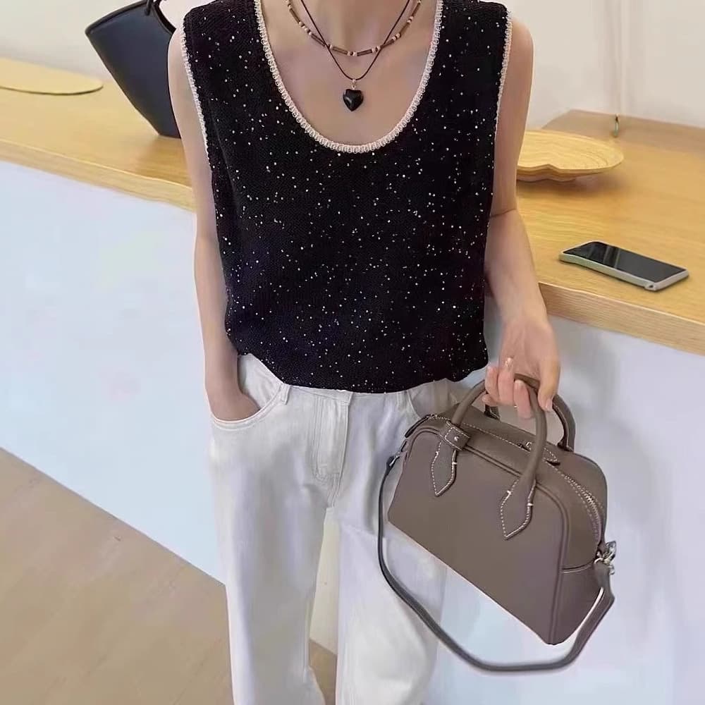 European Station 2025 Spring Summer Fashion Heavy Sequin Knitted Sweater Women's Color Block Korean Style Vest Slimming Top Short