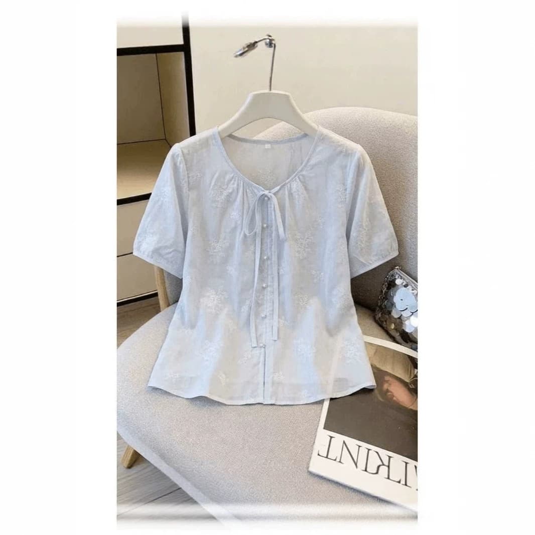 2026 summer new style pure cotton light blue short-sleeved shirt for women plus size fat mm slim babydoll shirt huge good-looking top