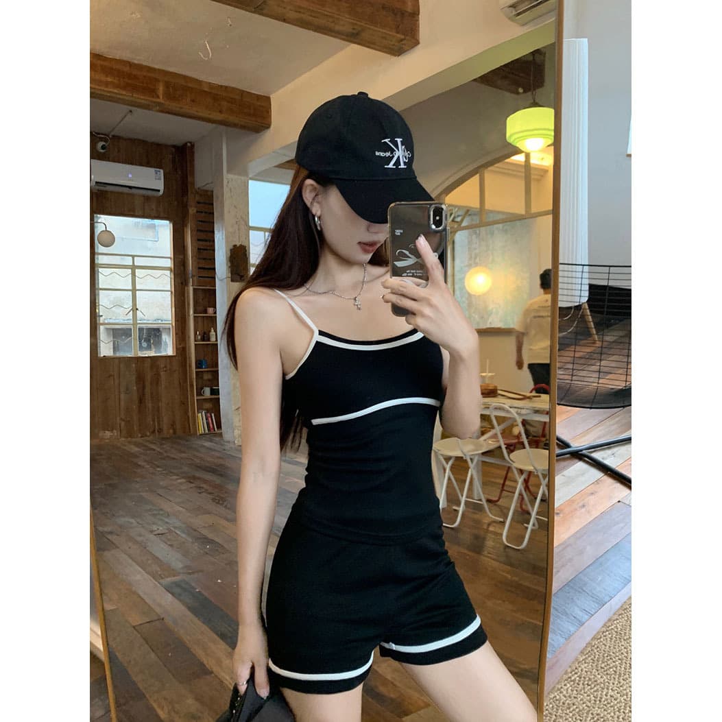 Small Bust Push-Up Tummy Control Slimming Conservative Women's Swimsuit Sexy Contrast Color Strap Camisole One-Piece Short Swimsuit